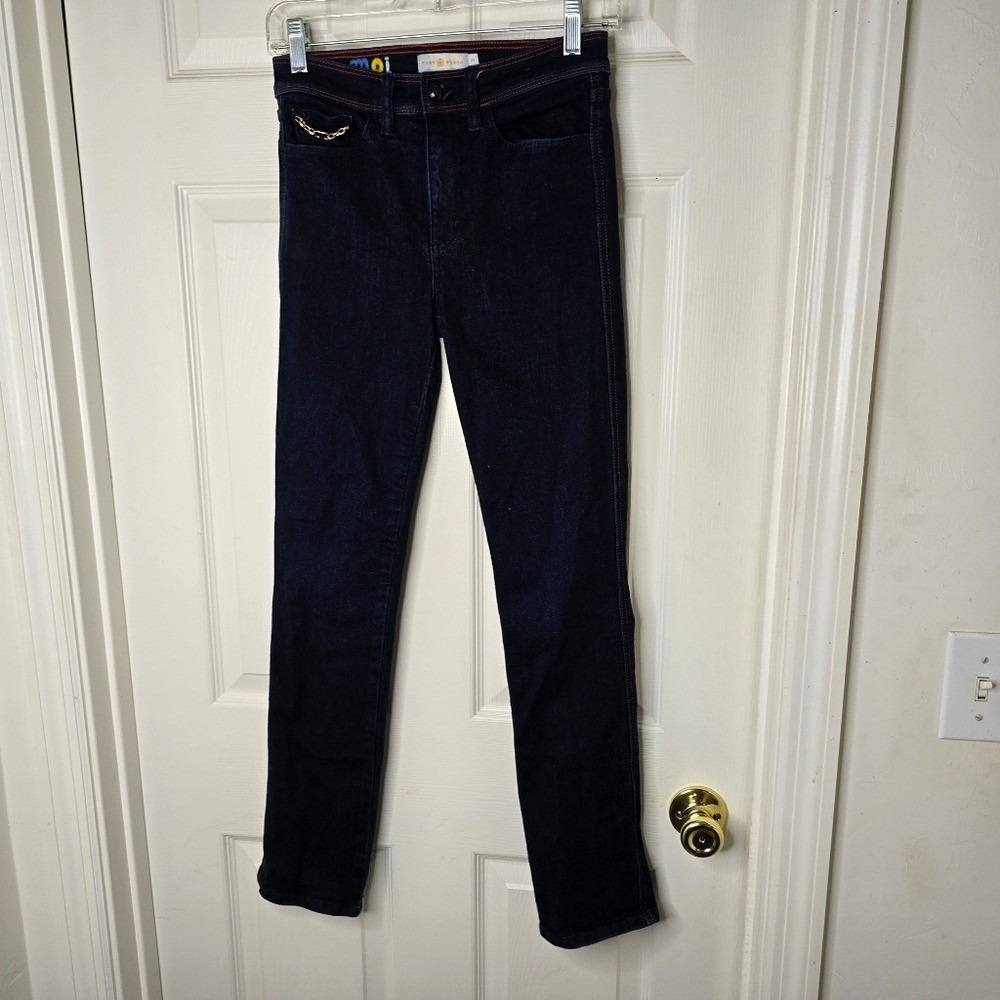 Women's Tori Burch Dark wash straight leg Jeans chain accent‎ 24